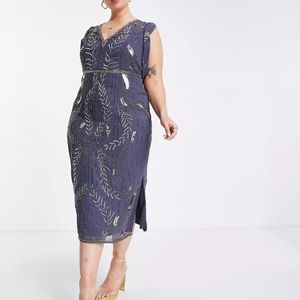BNWOT Curve drape back, embellished Midi Dress.